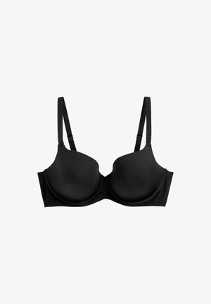 Fekete merevítős melltartó sima, formázott bögre részekkel, állítható pántokkal és csipkés díszítéssel az oldalán. Puha, rugalmas anyagból készült.