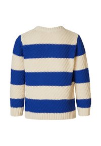 Sweter dzianinowy z poziomymi paskami w niebieskim i kremowym kolorze, z teksturowanym wzorem, okrągłym dekoltem oraz ściągaczami przy rękawach i u dołu.