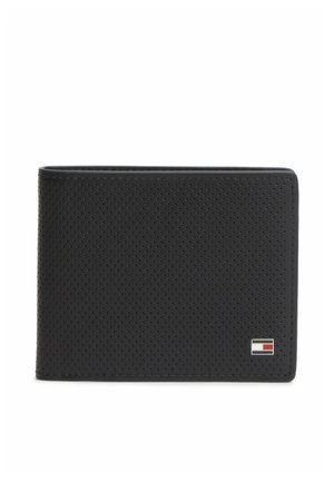 Black perforated leather wallet with small rectangular red, white, and blue logo in the bottom right corner against a white background.
