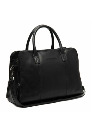 Black leather handbag with a structured design, dual top handles, a detachable shoulder strap, and a zippered closure. Smooth texture with subtle stitching.