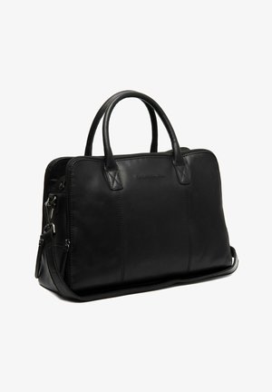 Black leather handbag with a structured design, dual top handles, a detachable shoulder strap, and a zippered closure. Smooth texture with subtle stitching.