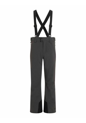 Schwarze wasserdichte Hose mit verstellbaren Trägern, geradem Schnitt, verstärktem Beinen und zentralem Knopfverschluss. Glatte Textur, minimalistisches Design.