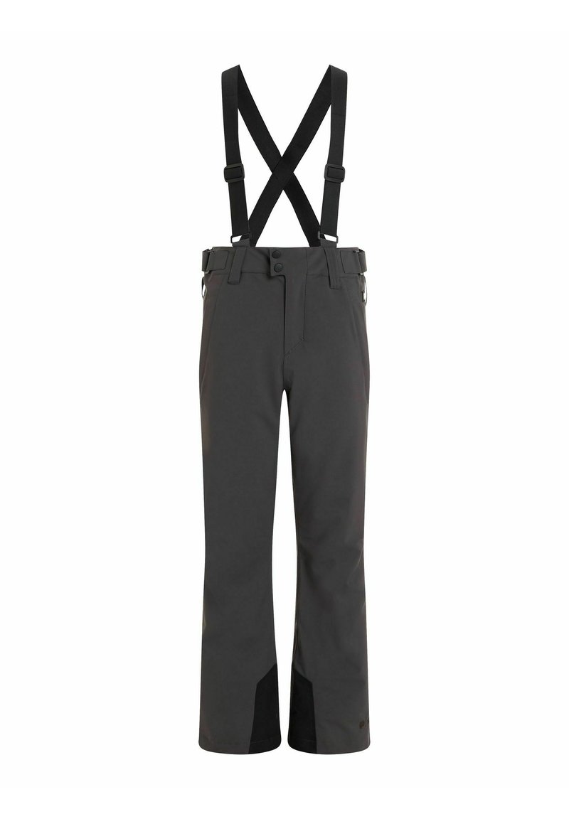 Schwarze wasserdichte Hose mit verstellbaren Trägern, geradem Schnitt, verstärktem Beinen und zentralem Knopfverschluss. Glatte Textur, minimalistisches Design.