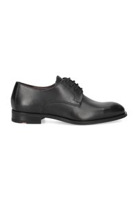 Zapato de vestir de cuero negro con acabado liso, diseño con cordones, tacón bajo y punta redonda. Presenta detalles de costura a lo largo de los lados.