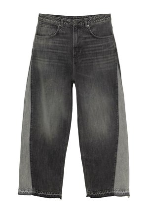 Jeans z szerokimi nogawkami w ciemnoszarym denimu z kontrastującymi jasnoszarymi panelami bocznymi. Wykończenie surowym brzegiem podkreśla unikalny design. Styl z pięcioma kieszeniami.