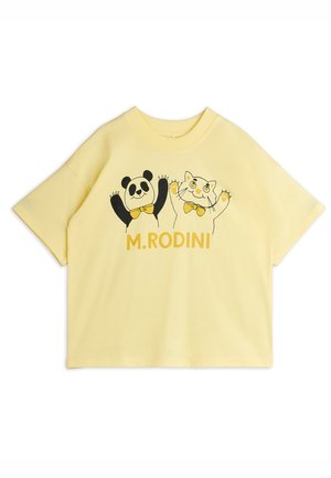 Yellow cotton t-shirt with short sleeves featuring a panda and cat illustration. The design includes bow ties and "M. RODINI" text below.