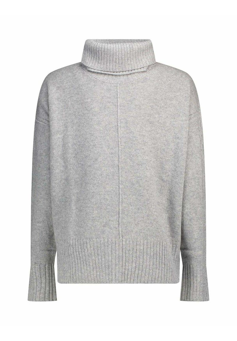 Pull en gros tricot gris avec un col roulé côtelé haut, des épaules tombantes et des poignets côtelés. La texture est douce et chaude, idéale pour la superposition.