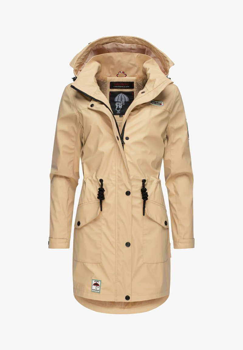 Beige waterproof jacket with a hood, drawstring waist, two front pockets, and a zip closure. Lined with soft fur for warmth.