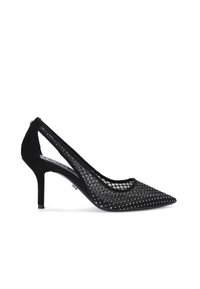 Chaussure à talon haut noire avec un bout pointu, en velours, avec des côtés en maille à motif en grille et de subtils accents en strass à l'avant.