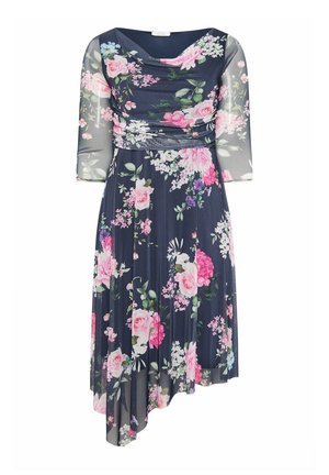 Marineblauwe jurk tot op de knie met roze en witte bloemenprint, doorschijnende ellebooglange mouwen, geplooide taille en asymmetrische zoom.