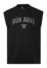 Černé bezrukávové tričko vyrobené z bavlny, s výrazným šedým potiskem "IRON ANVIL" a grafickým tvarováním kovadliny níže. Kulatý výstřih, pohodlný střih.