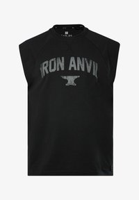 Camiseta sin mangas negra de algodón, con una prominente impresión en gris de "IRON ANVIL" y un yunque gráfico debajo. Cuello redondo, corte relajado.