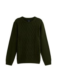 Ciemnozielony sweter z plecionki w sploty, z okrągłym dekoltem, długimi rękawami i teksturowanymi wzorami diamentów i warkoczy na przodzie.