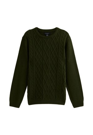 Mörkgrön kabelstickad tröja med rund halsringning, långa ärmar och strukturerade diamant- och flätmönster över framsidan.