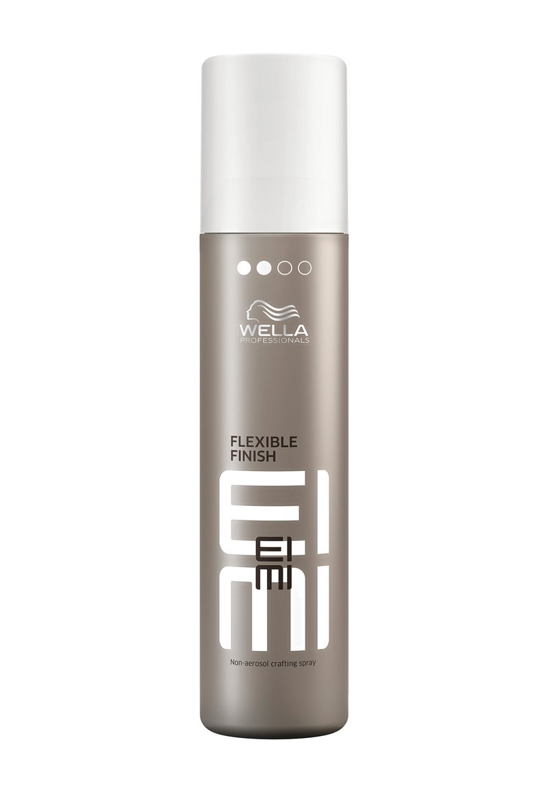 Elegante silberne Flasche mit weißem Deckel, mit dem Logo "Wella Professionals" und dem Text "Flexible Finish". Nicht-aerosol Haarspray, glatte Textur.