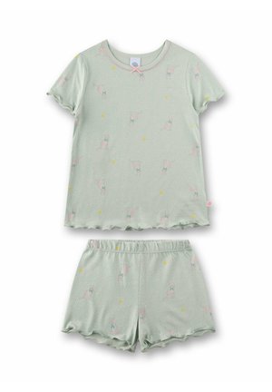 Ensemble t-shirt à manches courtes et short vert clair avec motif chat rose et cœur jaune, bords festonnés et petit nœud rose sur le haut.