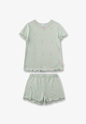 Set con top a maniche corte e pantaloncini verde chiaro con motivo di gatto rosa e cuore giallo, con bordi smerlati e un piccolo fiocco rosa sul top.