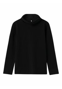 Maglietta nera a maniche lunghe con collo alto realizzata in morbido cotone, con una vestibilità comoda e colletto ripiegato. Design semplice e senza cuciture.