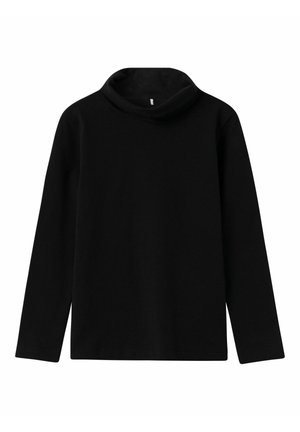 Maglietta nera a maniche lunghe con collo alto realizzata in morbido cotone, con una vestibilità comoda e colletto ripiegato. Design semplice e senza cuciture.