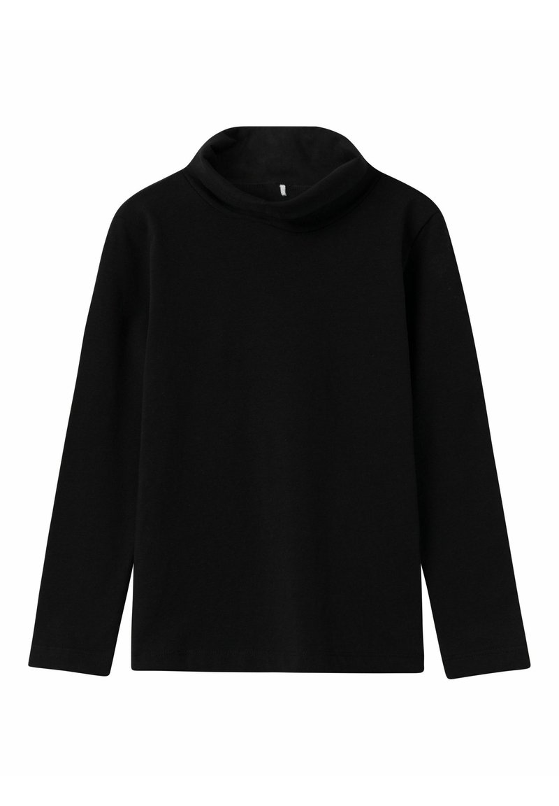 Maglietta nera a maniche lunghe con collo alto realizzata in morbido cotone, con una vestibilità comoda e colletto ripiegato. Design semplice e senza cuciture.