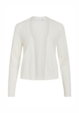 Bijela pletena jakna s otvorenim prednjim dijelom, dugim rukavima i rebrastim rubom. Mekana tekstura i minimalistički dizajn omogućuju svestrano kombiniranje.