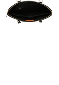 Black leather handbag interior with a smooth texture, gold zipper closure, and multiple compartments for organization.