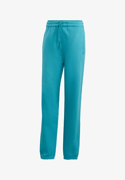 Turquoise blue fleece jogger pants with elastic waistband, adjustable drawstring, side pockets, and elastic cuffs at ankles.