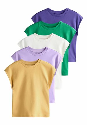 Fem ærmeløse T-shirts med rund hals i farverne sennepsgul, lys lilla, hvid, grøn og lilla, arrangeret i en faldende stak.