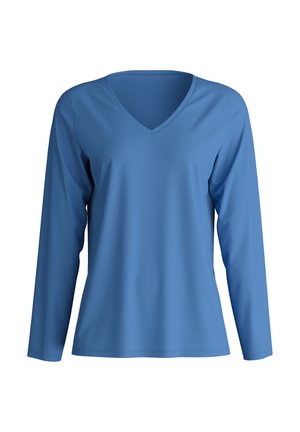 Haut à manches longues en V de couleur bleue unie. Fabriqué en tissu lisse avec une coupe décontractée. Design minimaliste, sans motifs ni accents visibles.