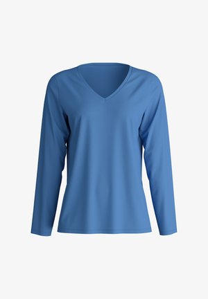 Lange mouw V-hals top in effen blauwe kleur. Gemaakt van een soepele stof met een relaxte pasvorm. Minimalistisch ontwerp, geen zichtbare patronen of accenten.