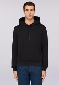 Czarna bluza z kapturem z mieszanki bawełny, z przednią kieszenią, regulowanym kapturem na sznurki i ściągaczami przy mankietach. Dyskretne logo na piersi.