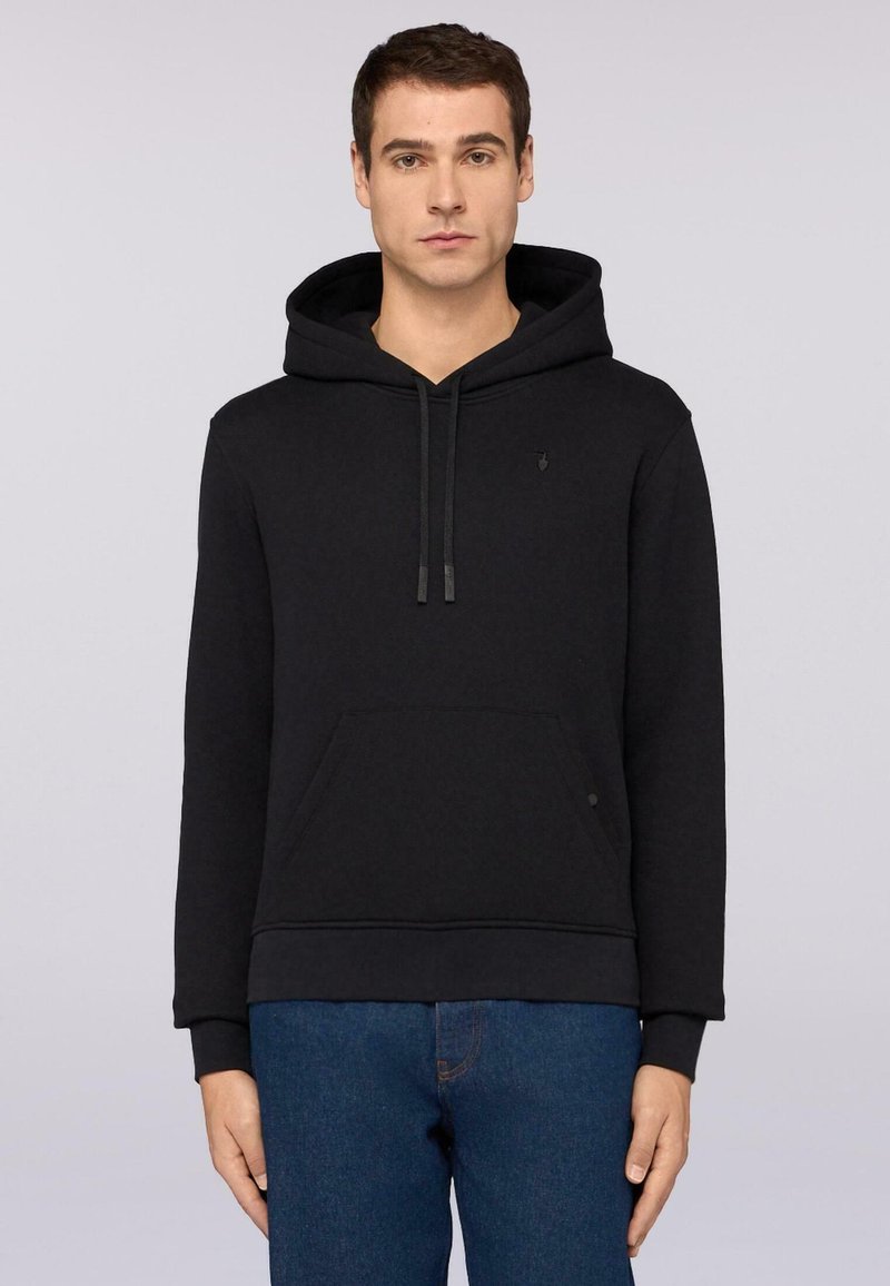 Czarna bluza z kapturem z mieszanki bawełny, z przednią kieszenią, regulowanym kapturem na sznurki i ściągaczami przy mankietach. Dyskretne logo na piersi.