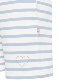 Gestreepte katoenen shorts in wit en lichtblauw, met een zilveren hartafbeelding waarop de tekst "FRIEND" staat en een klein roze logo-label.