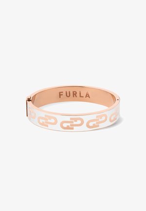 Fehér karperec, arany láncszem mintával, fényes rózsaarany záróval, amelynek belső oldalán a "FURLA" felirat található.