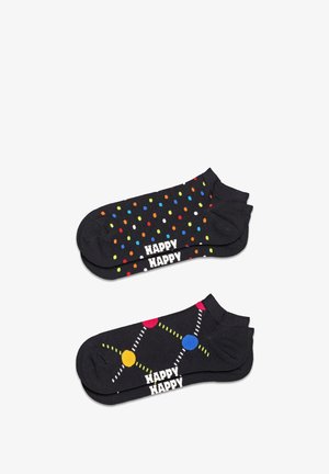 Schwarze Socken mit bunten Punkten auf einer und einem Muster aus Punkten, die durch Linien verbunden sind, auf der anderen. "HAPPY"-Text auf beiden Seiten.