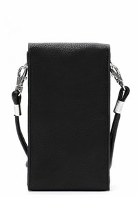 Sac en cuir noir à bandoulière, finition texturée, forme rectangulaire, sangle ajustable et accents en métal argenté.