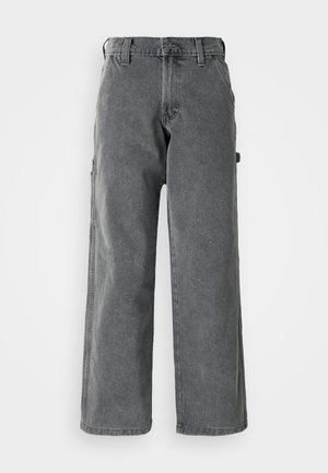 Grey wide-leg cargo pants made of denim, featuring side pockets, a button closure, and a straight fit. The fabric has a soft texture.