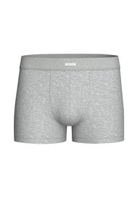 Graue Baumwoll-Boxershorts mit einem weichen Bund, der eine glatte Textur und ein klassisches Design aufweist. Das Markenlabel ist zentral auf dem Bund angebracht.