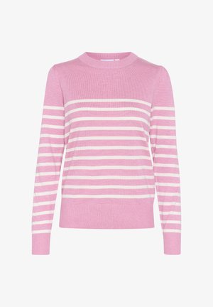 Rosa gestrickter Pullover mit weißen horizontalen Streifen, rundem Halsausschnitt, langen Ärmeln, geripptem Saum und weicher Textur. Geeignet für die Freizeit.