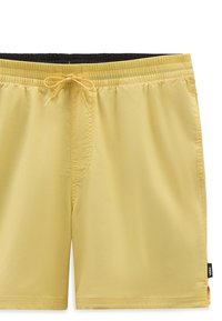 Shorts de bain jaunes avec une taille élastique, cordon de serrage ajustable et poche latérale. Tissu doux et léger avec une texture lisse.