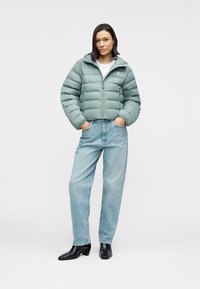 Ελαφρύ πράσινο μπουφάν με φερμουάρ στο μπροστινό μέρος, μακριά μανίκια και γιακά. Συνδυασμένο με φαρδιά μπλε τζιν και μαύρα μποτάκια αστραγάλου.