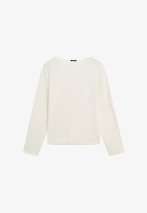 Long-sleeve plain white sweater with a round neckline and a straight hem, displayed on a white background.
