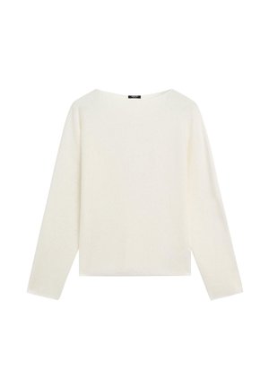 Langsleeve effen witte trui met een ronde halslijn en een rechte zoom, weergegeven op een witte achtergrond.