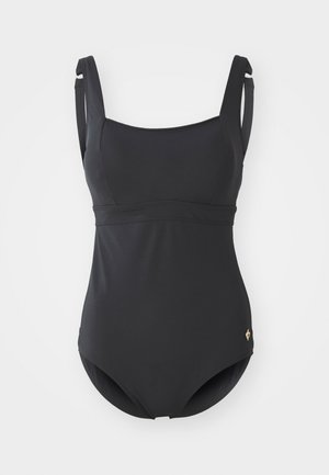Schwarzer einteiliger Badeanzug mit quadratischem Ausschnitt, breiten Trägern und einer glatten Textur. Mit einem dezenten goldenen Logo-Akzent an der unteren Seite.
