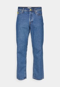 Blue denim jeans with a straight-leg design, featuring yellow metal hardware, five pockets, and subtle stitching details throughout.