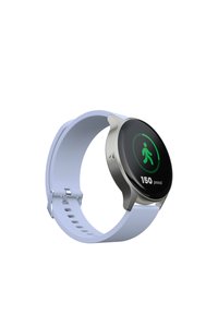 Orologio smartwatch con display rotondo nero, cassa in metallo silver e cinturino in silicone blu chiaro con sistema di chiusura a spilla.