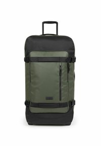 Borsa da viaggio rotolante in verde oliva e nero, con manico superiore, tasche con zip, cinghie regolabili e materiale tessile resistente.