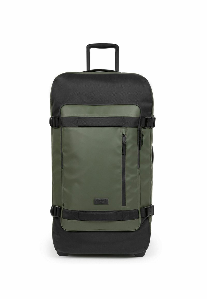 Borsa da viaggio rotolante in verde oliva e nero, con manico superiore, tasche con zip, cinghie regolabili e materiale tessile resistente.