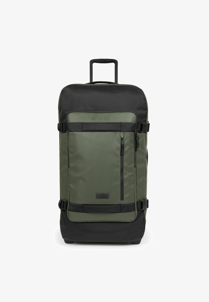 Borsa da viaggio rotolante in verde oliva e nero, con manico superiore, tasche con zip, cinghie regolabili e materiale tessile resistente.