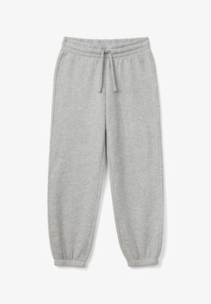 Hellgraue Jogginghosen aus weichem, dehnbarem Stoff. Sie verfügen über einen elastischen Bund mit Kordelzug und eng anliegende Bündchen am Knöchel.